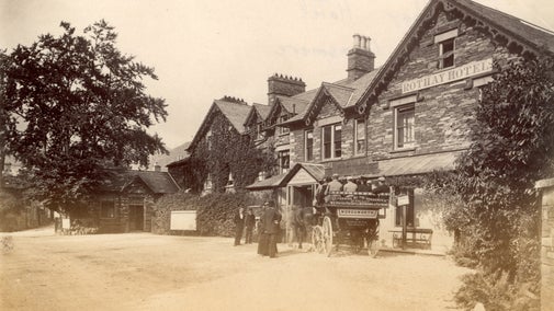 Tourists arriving at the Rothay Hotel in Grasmere on a horse drawn cart named Wordsworth
